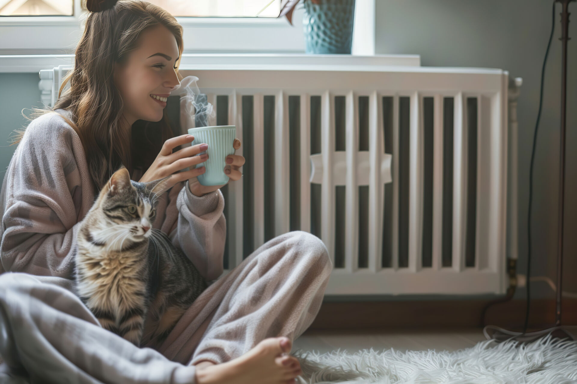 Eine Katzensitterin sitzt mit einer Katze auf dem Schoß da und trinkt einen Kaffee.